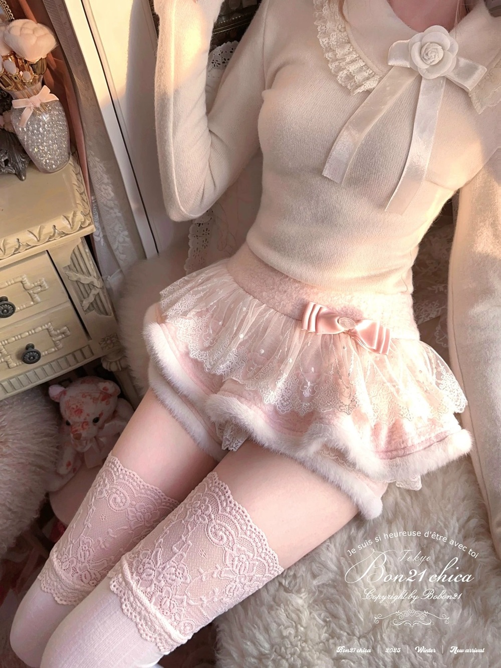 Bon24Hiz/Bobon21 Soft Pink Plush Lace Bow Skirt/Bloomers (check size chart)